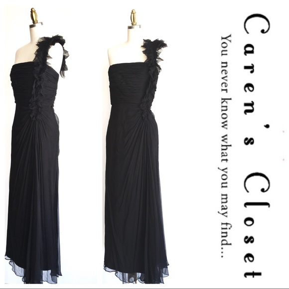 Reserved Tadashi Black Silk One Shoulder Gown - Picture 4 of 8